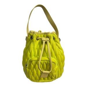 Ecostitch Puffy Quilted Bucket Bag Chartreuse Drawstring Handbag Like New